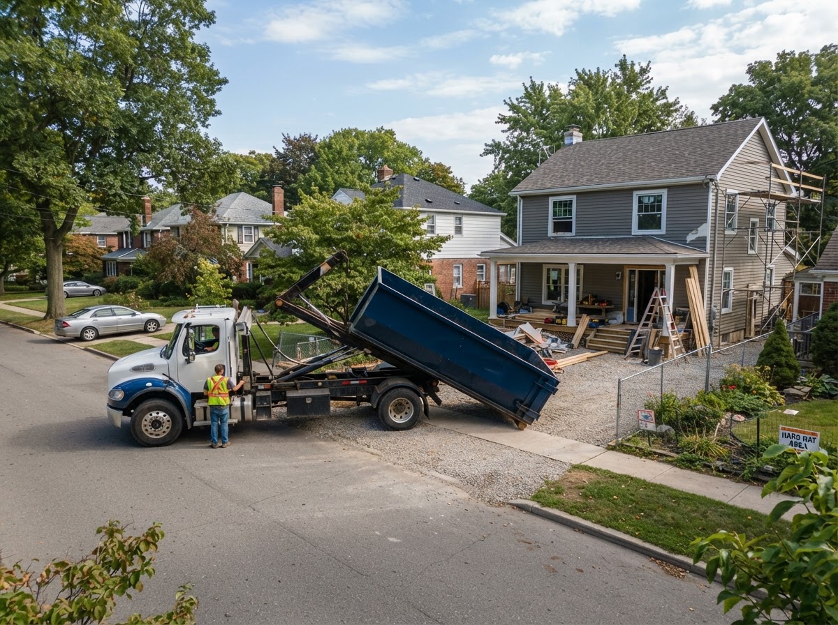Delivery truck dropping a fresh roll-off dumpster container at a residential-style flip renovation project