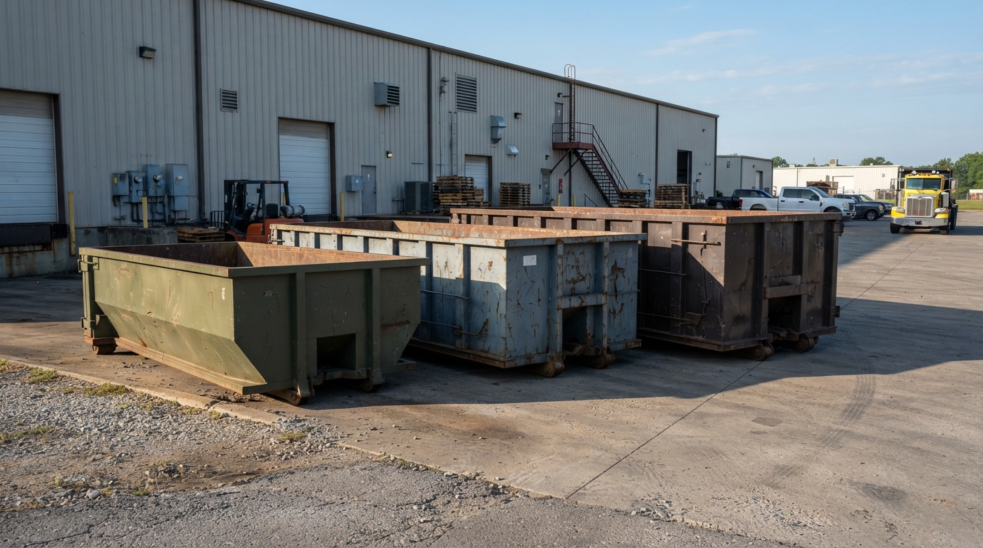 20, 30 and 40 yard roll-off containers lined up side by side in a service yard