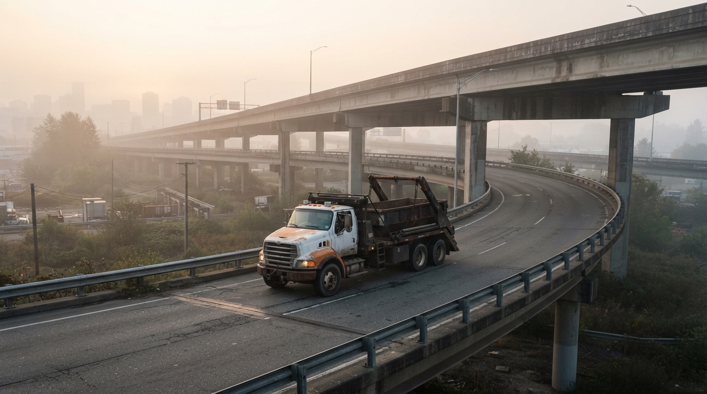 A service truck on an interchange approach road in early morning haze