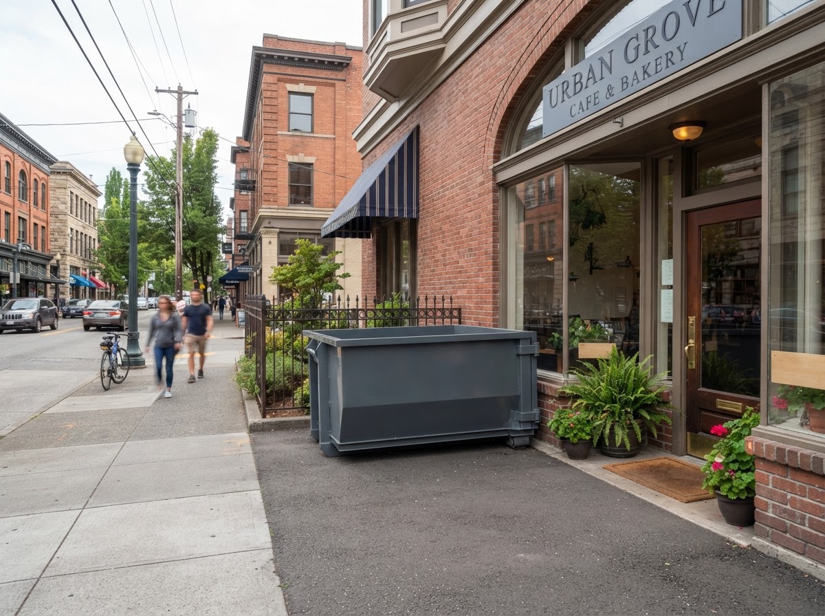 Clean presentable roll-off container placement near a customer-facing entrance on a downtown Macon commercial street
