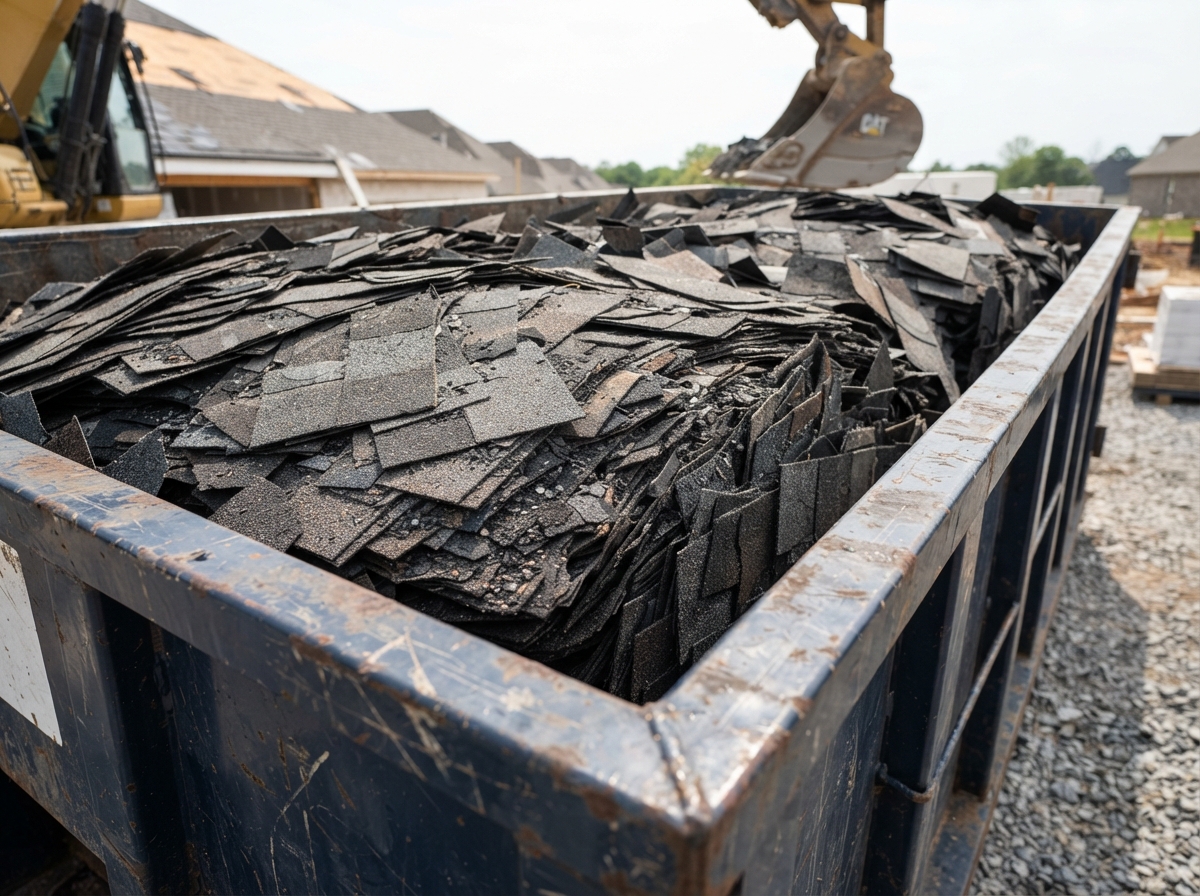 Dense asphalt shingle debris loaded in a 20-yard roll-off dumpster container