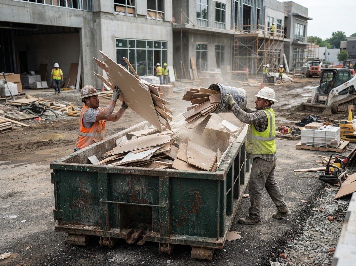 Specialty trade crew loading offcuts into a roll-off container
