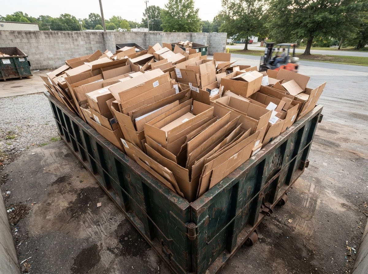 Loose corrugated cardboard in a container that reads visibly full of air, viewed from above