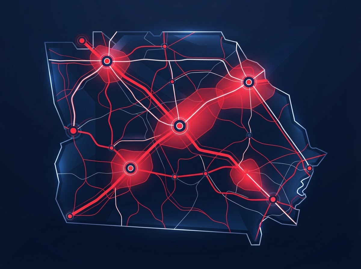 Abstract route and territory coverage graphic for Middle Georgia