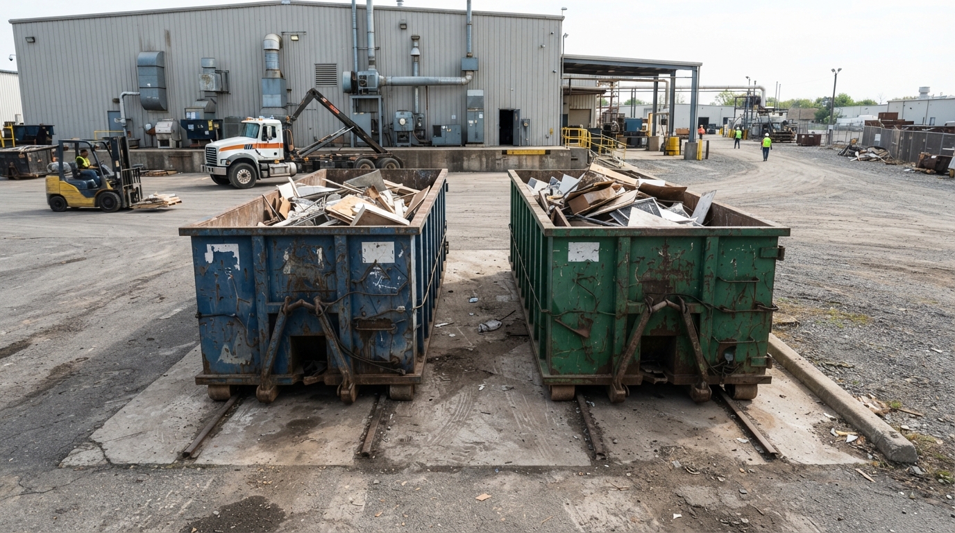 Two roll-off containers side by side on one commercial pad at an industrial site