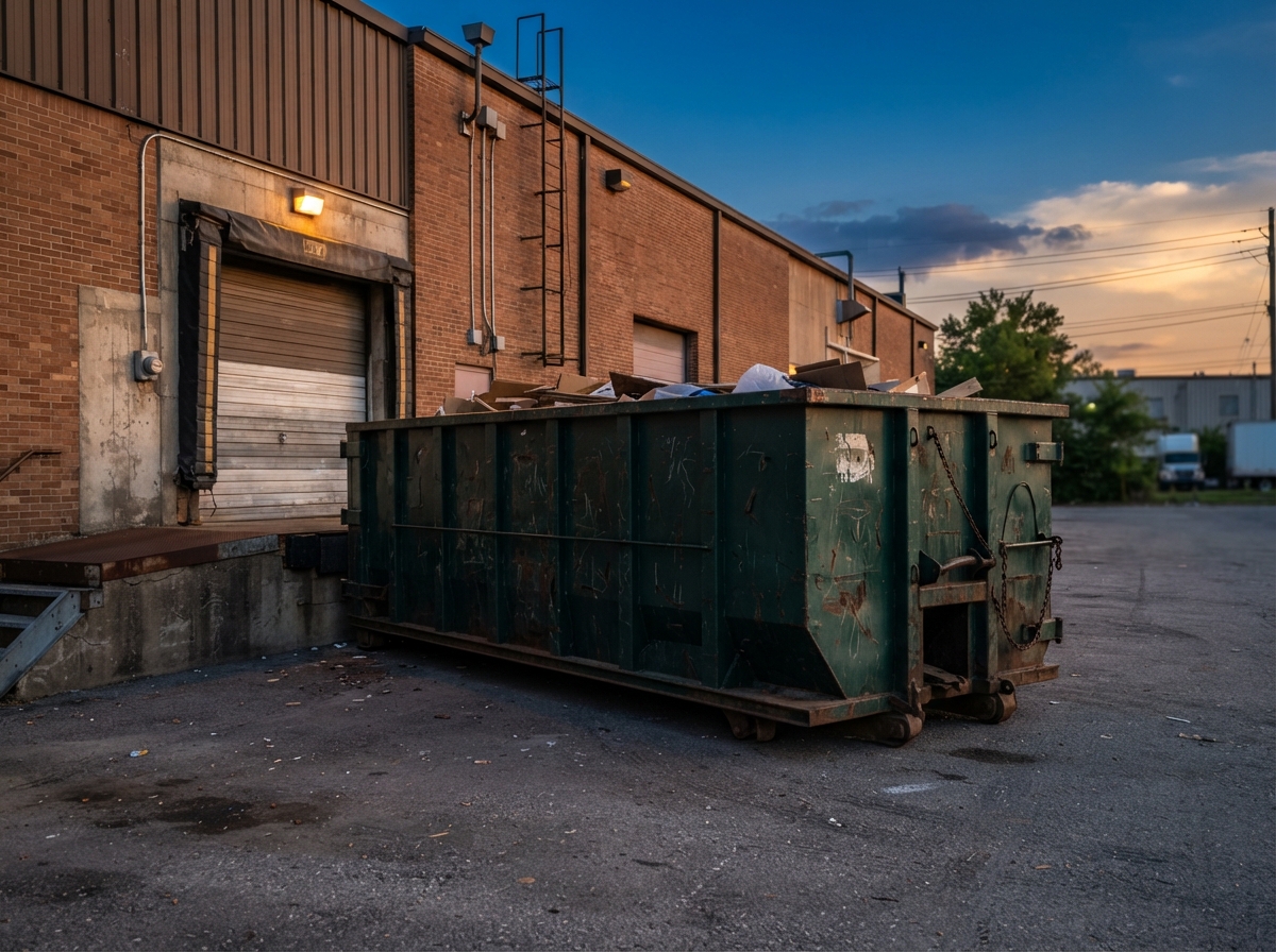 20-yard roll-off container on a compact commercial parking lot with striped lines