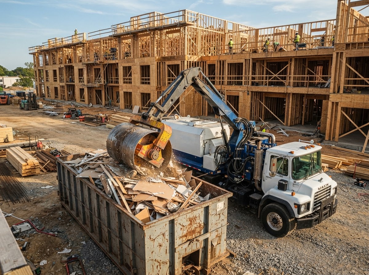 A compaction unit working a jobsite container while framing continues behind it