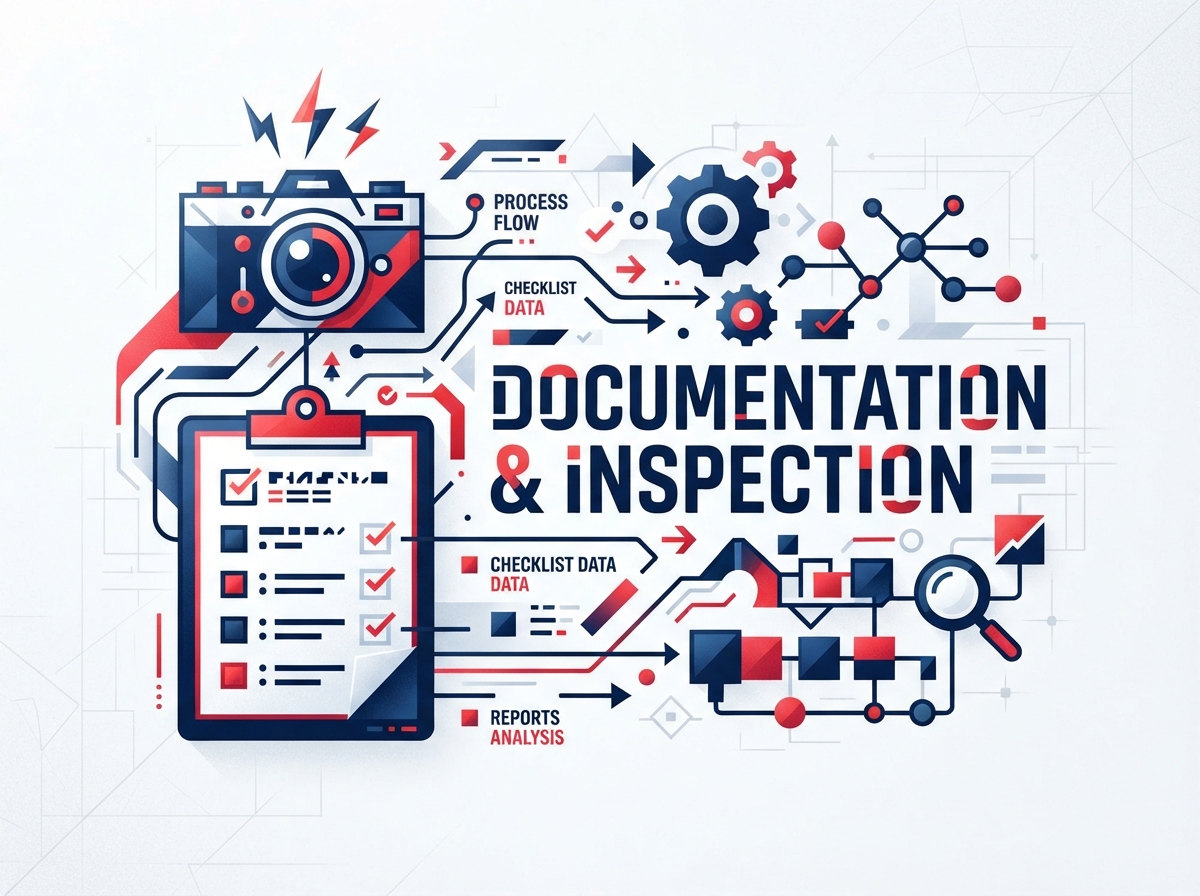 Abstract on-brand graphic representing documentation with a camera and clipboard