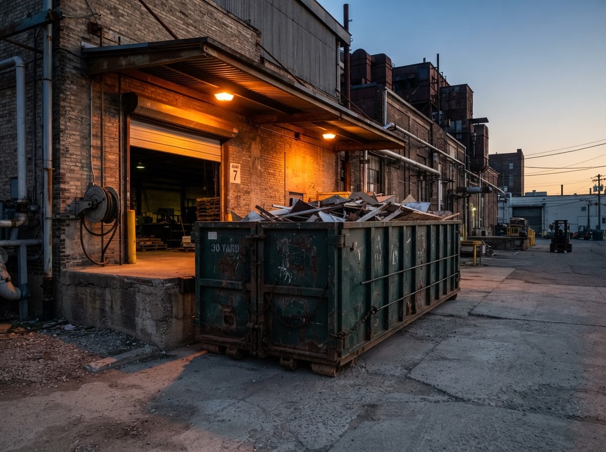 30-yard roll-off container tucked against a loading bay at dusk