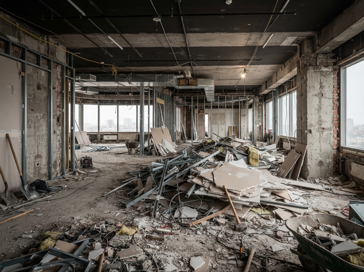 Interior strip-out with rubble and demolition debris piled inside a commercial space