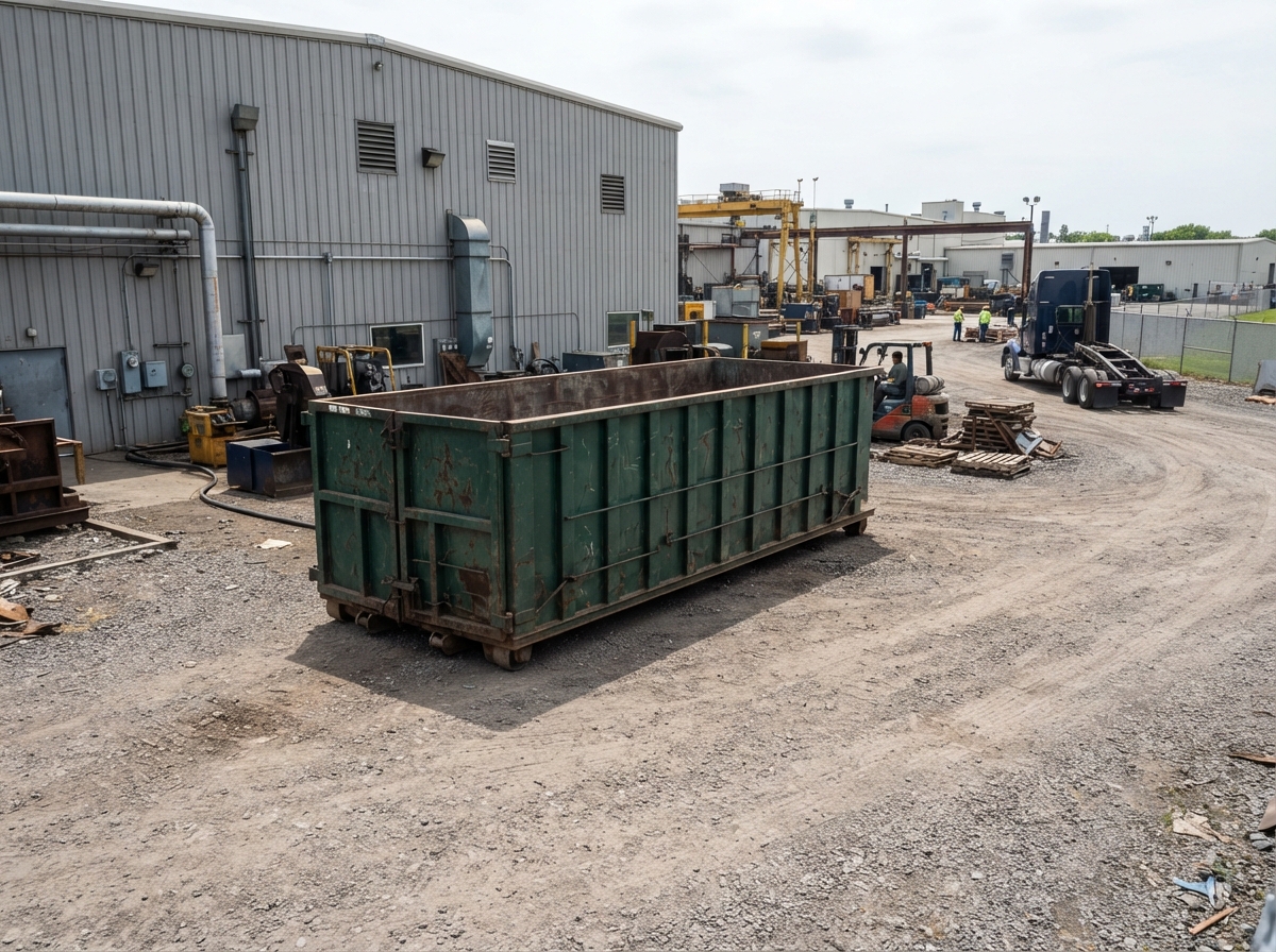 40-yard roll-off container on a wide gravel industrial pad