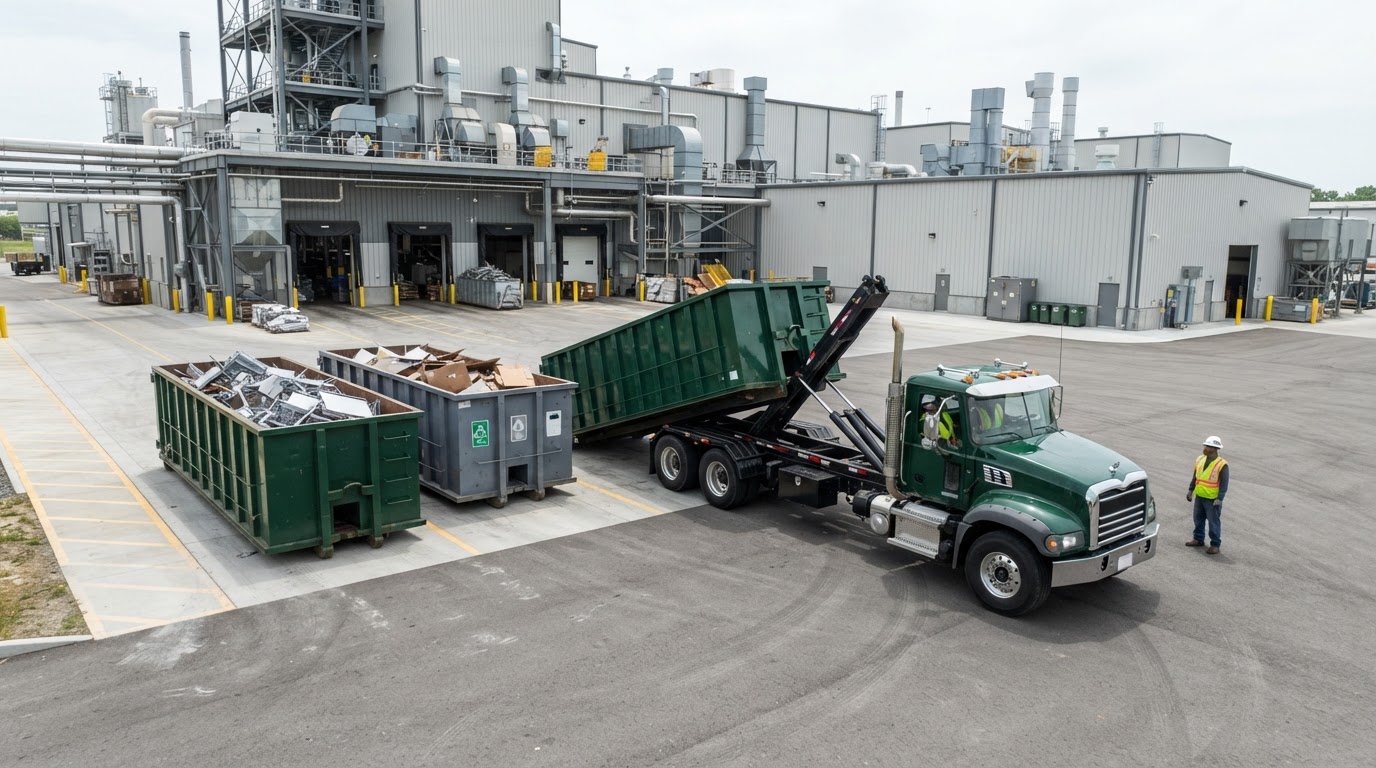 Roll-off containers at a manufacturing plant, professional commercial waste operation