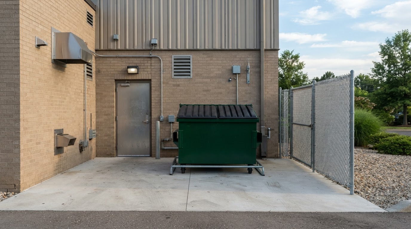 A compact, presentable roll-off container placement at a restaurant service area