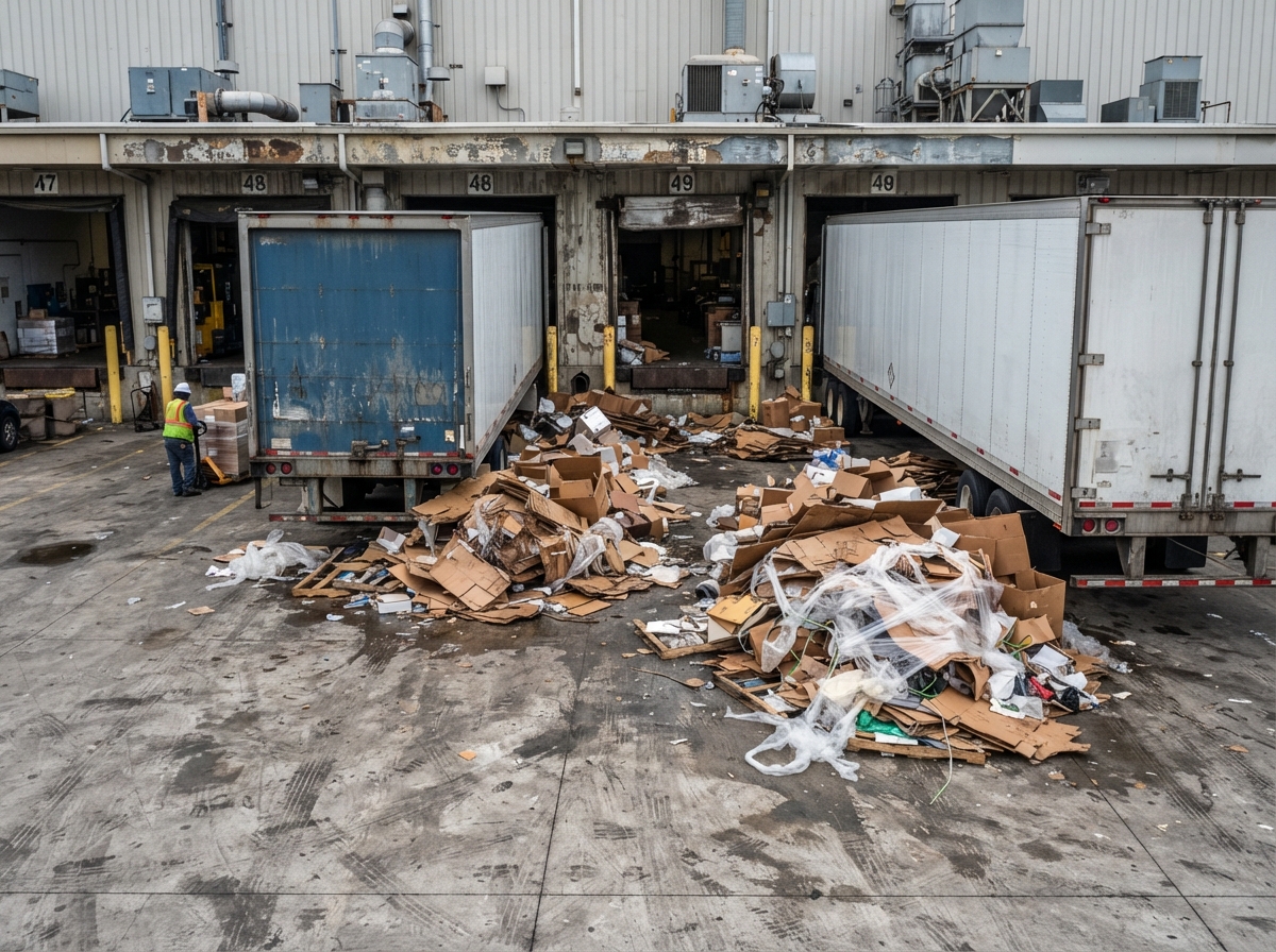 A distribution dock with corrugate and stretch wrap accumulating between trucks