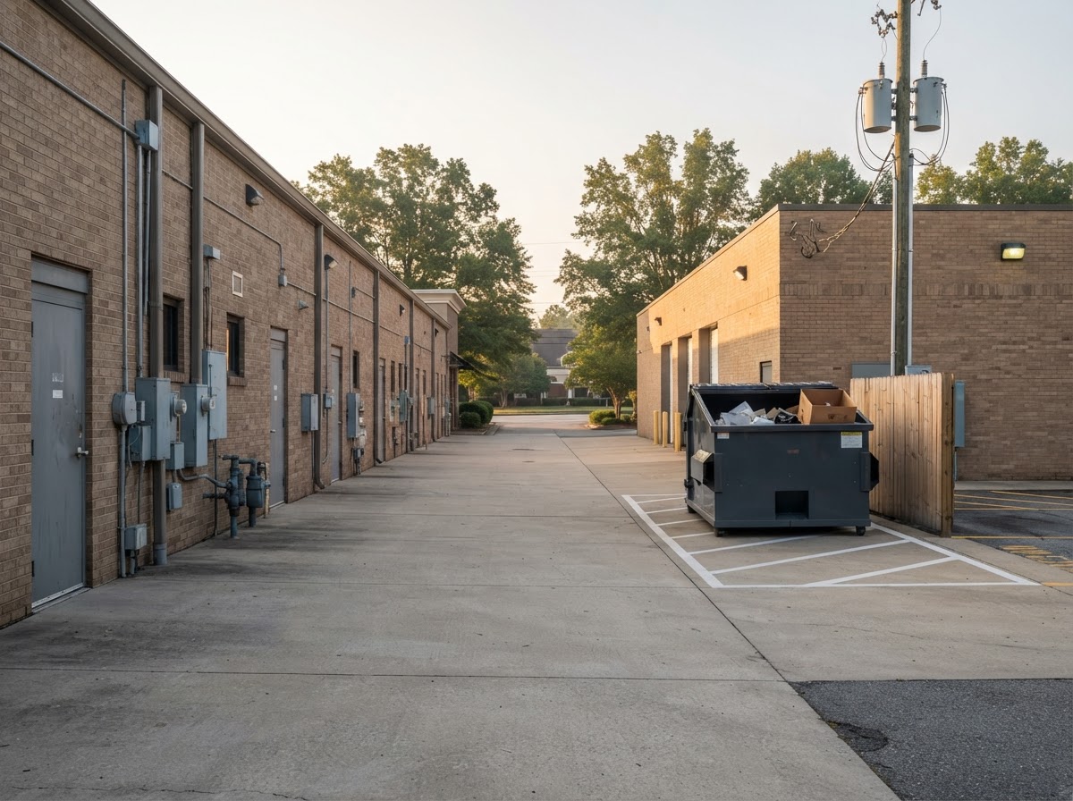 Service drive behind a strip center at opening time with the container pad swept clean in West Macon