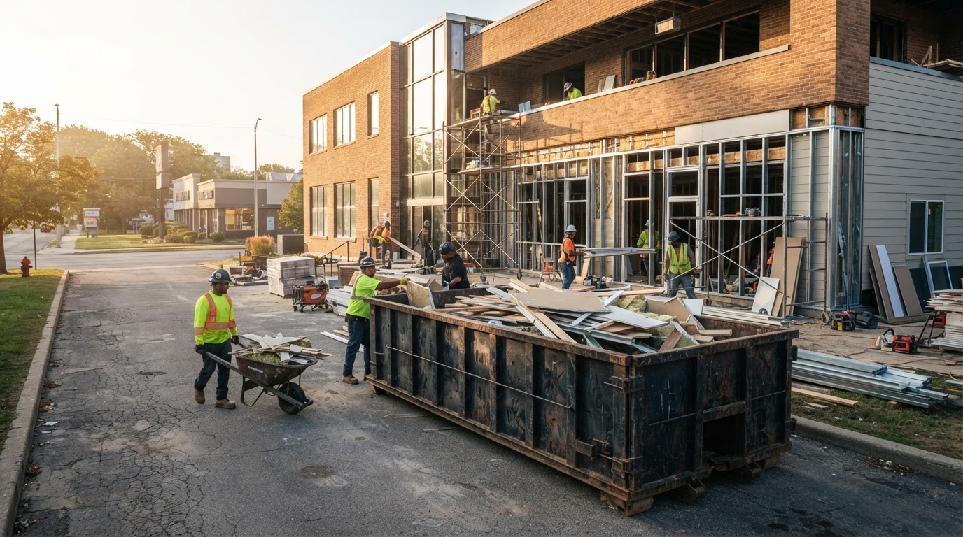 Contractor crew at a renovation site with a roll-off dumpster container in the driveway