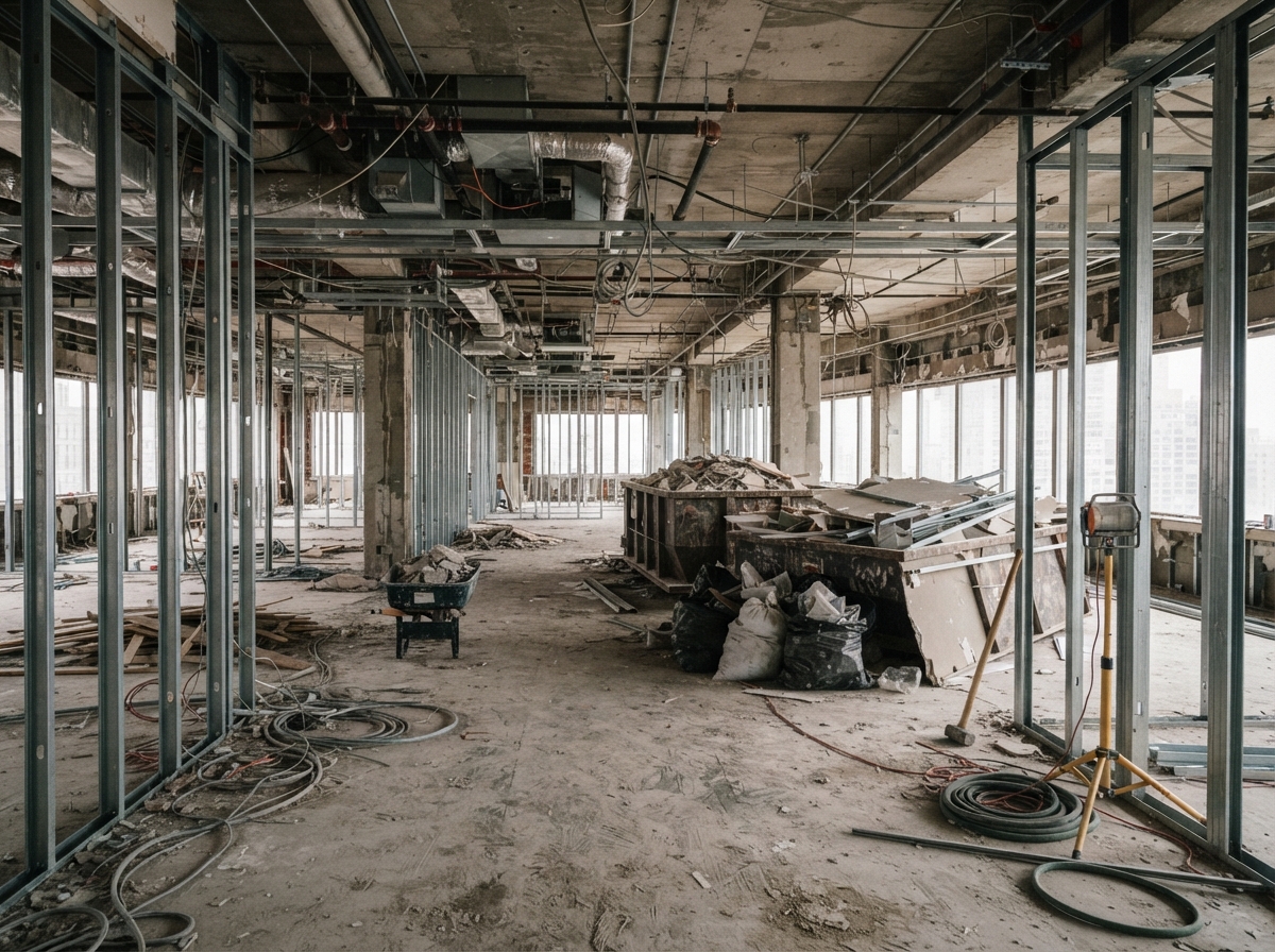 An interior strip-out with walls back to studs and debris staged
