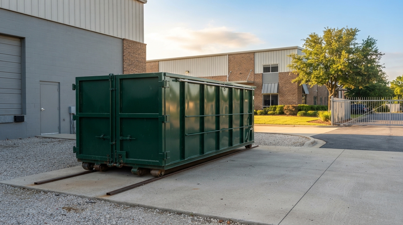 A tidy roll-off container at a commercial site, calm and orderly