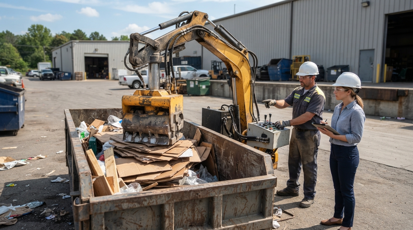 A free on-site demo of mobile waste compaction, operator and customer watching a container being compacted