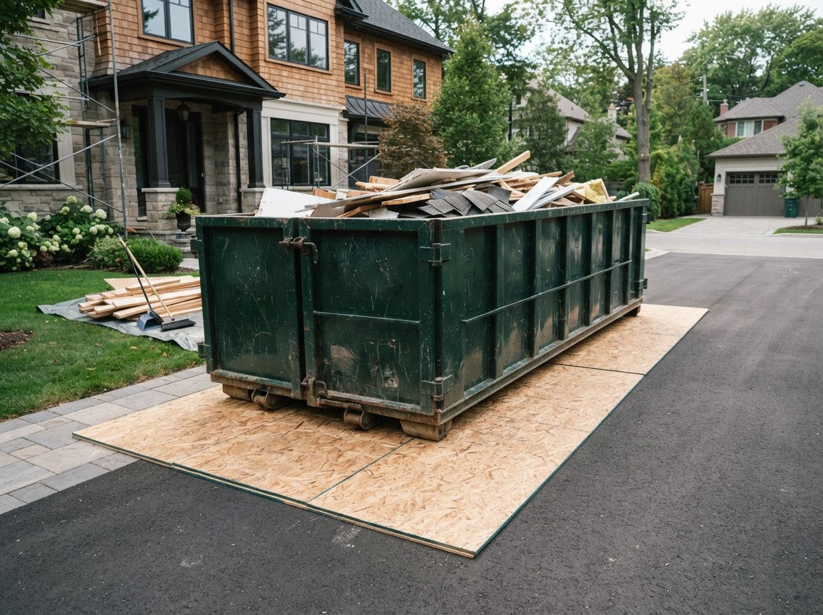 Roll-off container set on plywood protection at a finished-surface jobsite