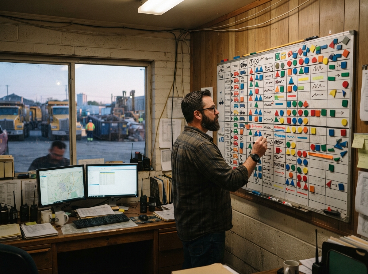Dispatcher's route board morning scene at a waste management yard