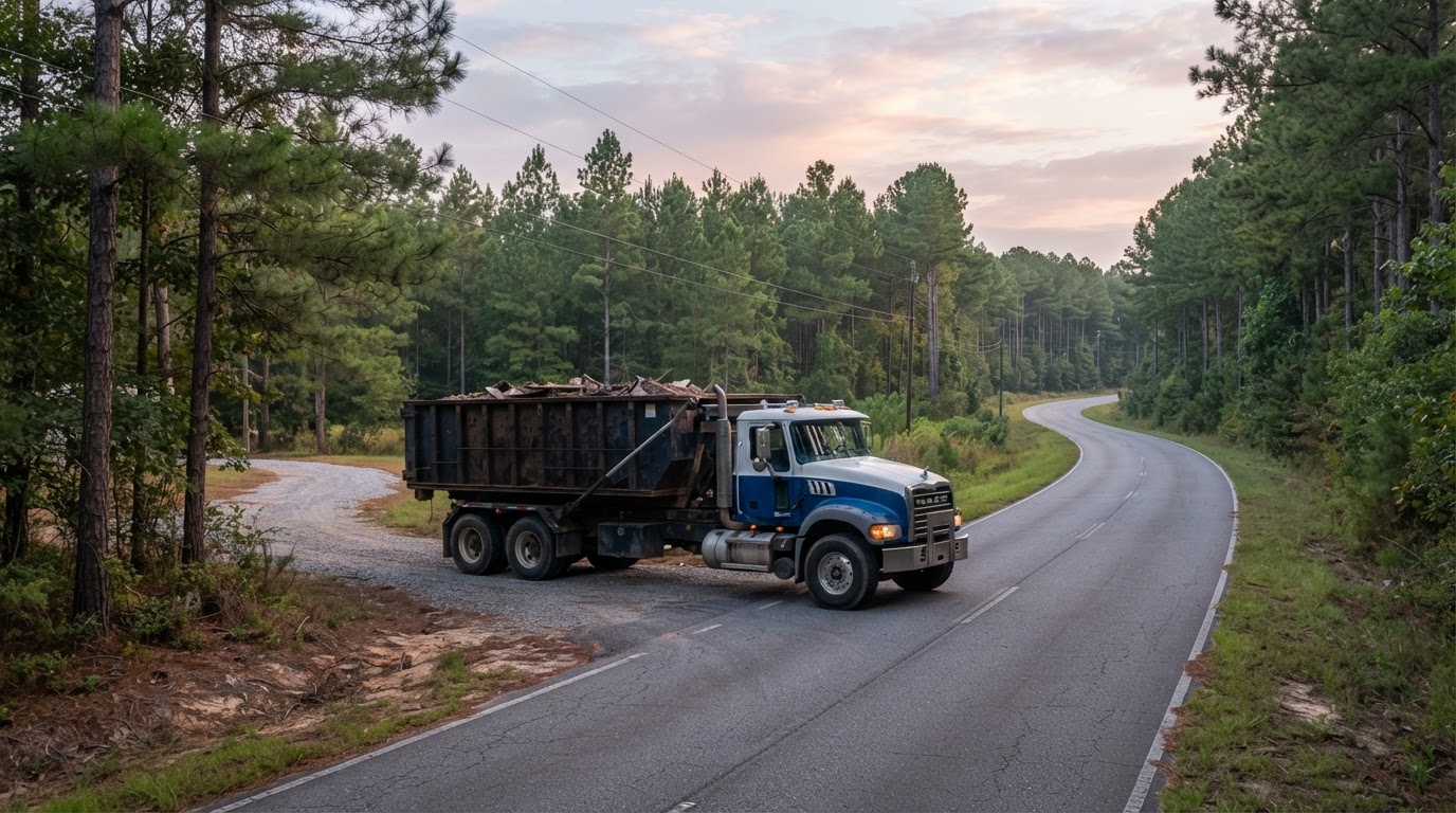 A service truck pulling out of a commercial driveway onto a Georgia road in the early morning