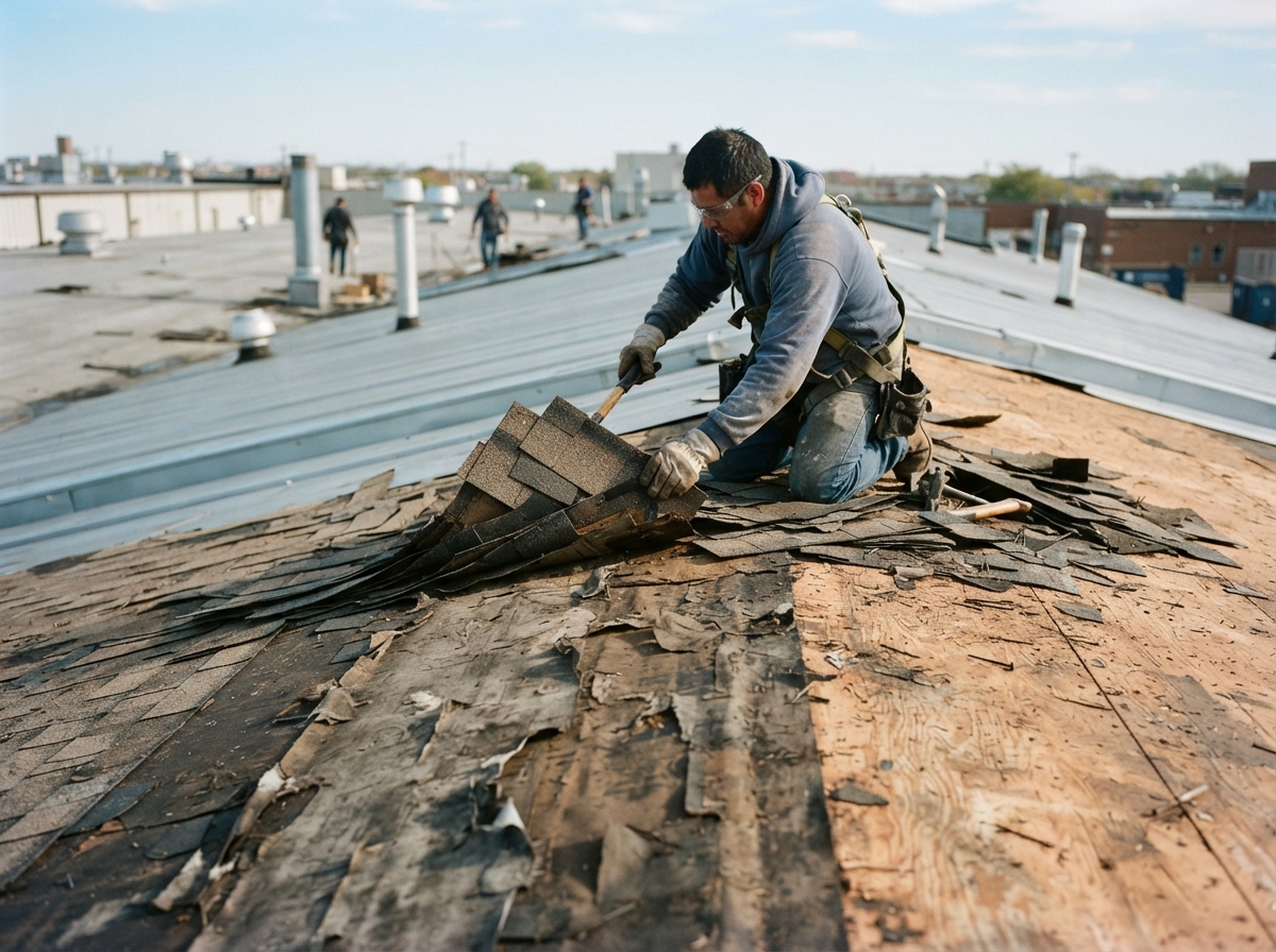 A multi-layer tear-off exposing old felt and underlayment beneath removed shingles
