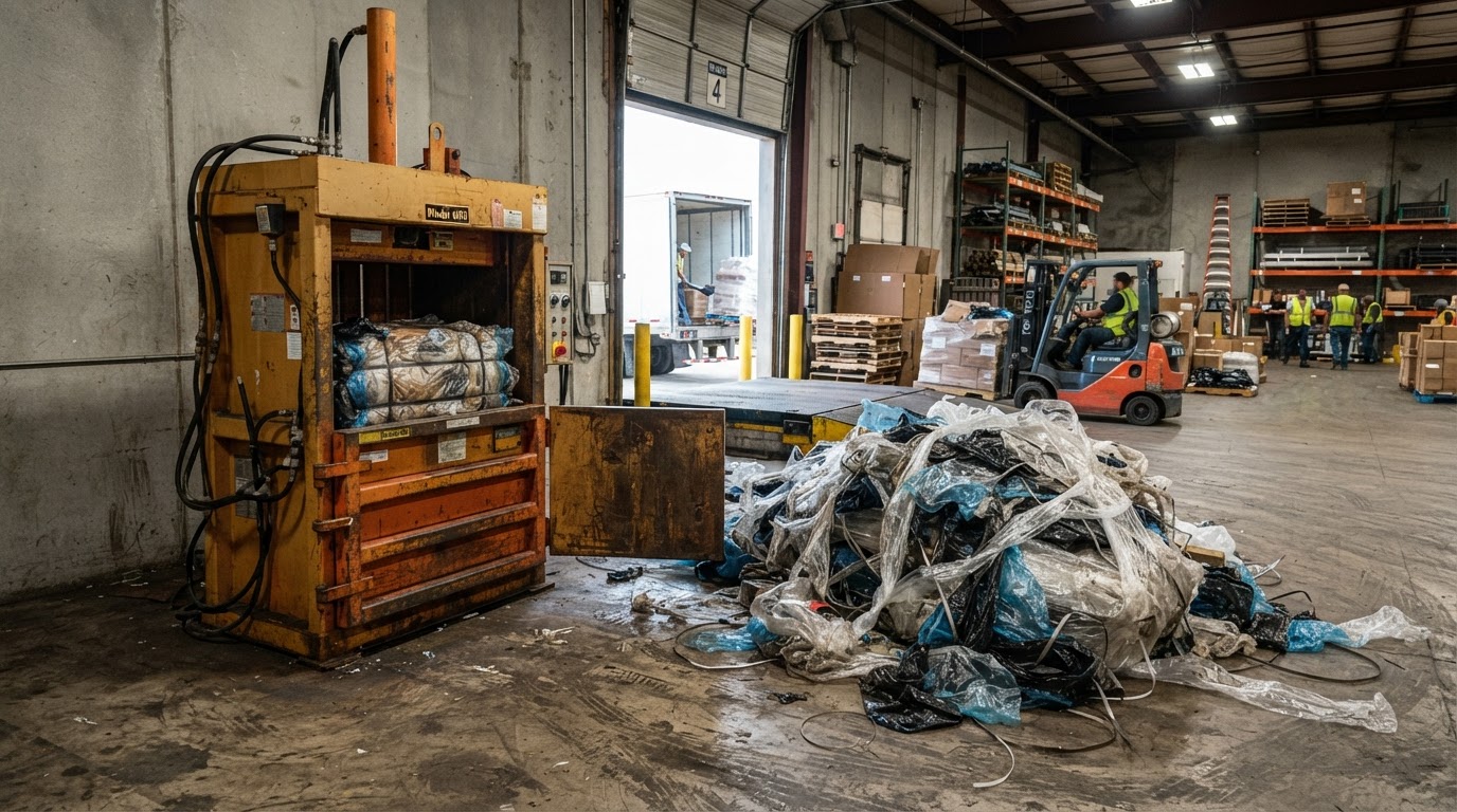 A baler beside leftover film and pallet wrap fraction that a baler never takes at a warehouse dock