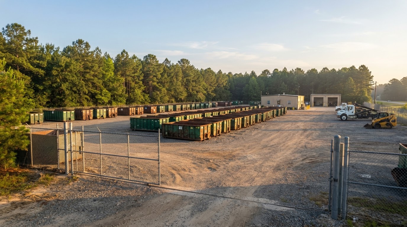 Exterior of a commercial service yard in Middle Georgia in morning light, gate open, roll-off containers staged inside