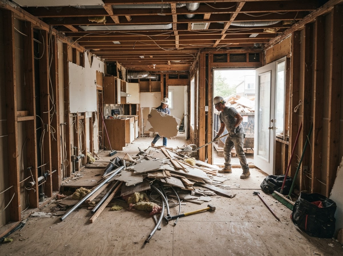 Investor flip property mid-gut with interior demolition in progress