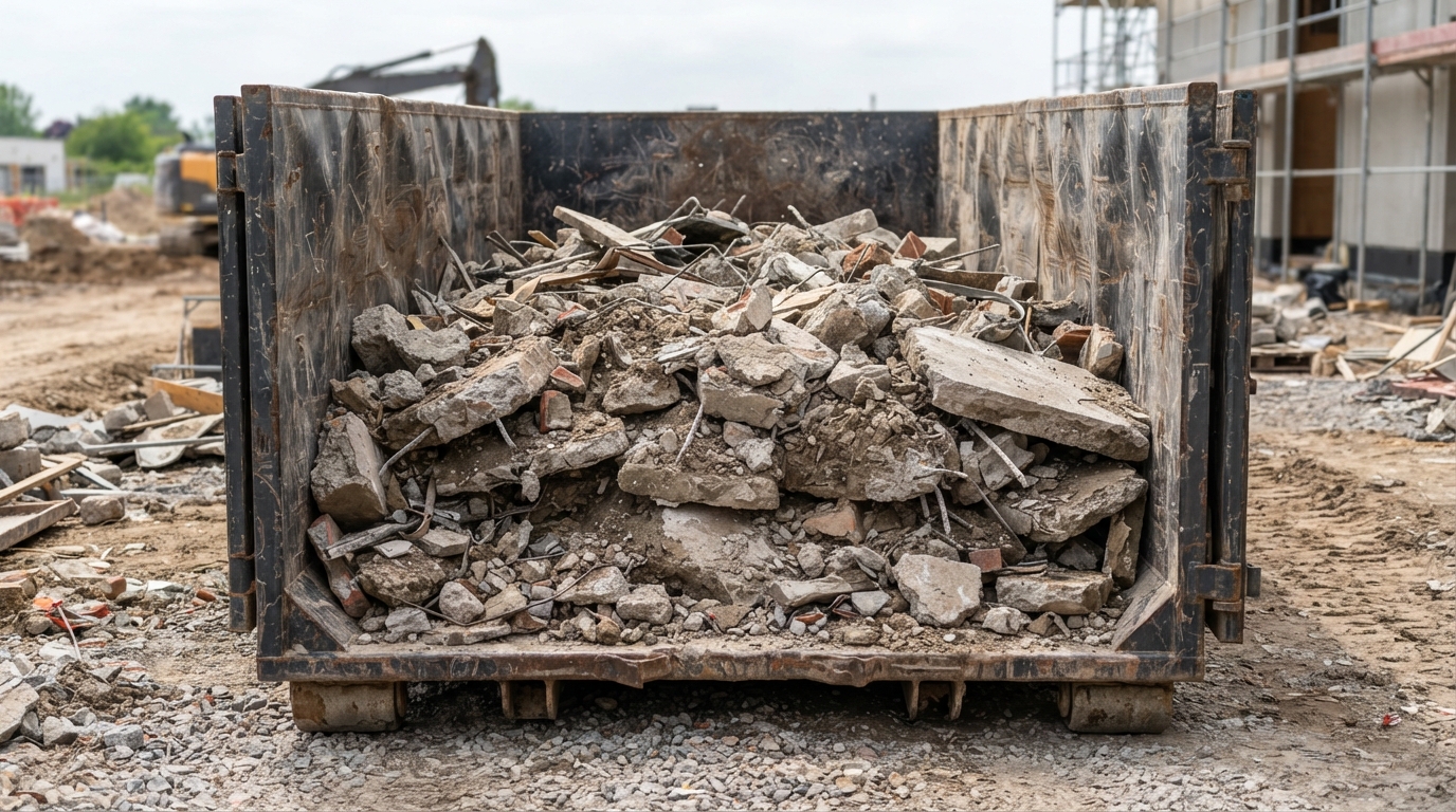 A roll-off container half full of dense heavy demolition debris and concrete rubble, sitting low in the box