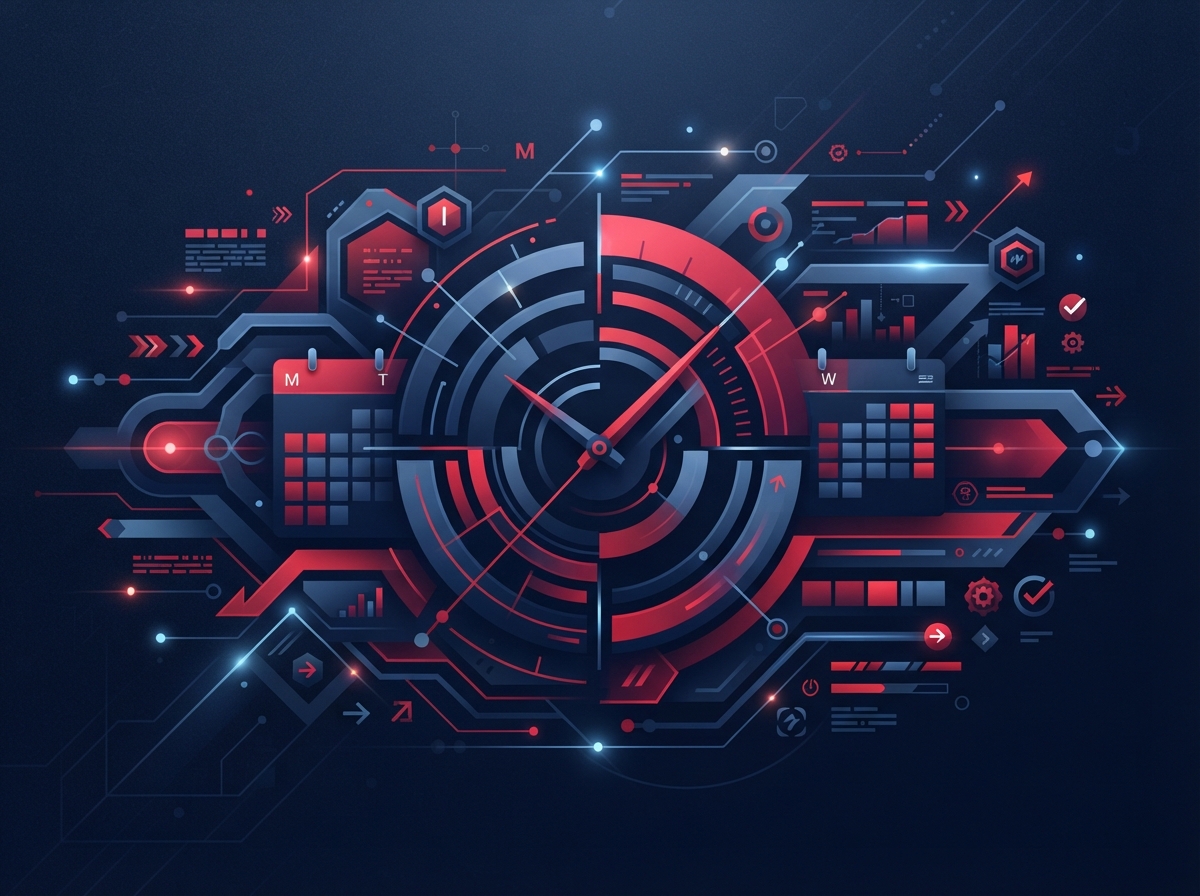 Abstract on-brand graphic representing scheduling with clock and calendar elements