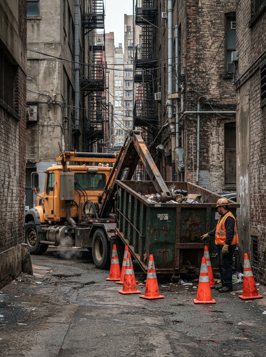 Compaction unit working a roll-off container in a confined downtown Macon alley with cones set