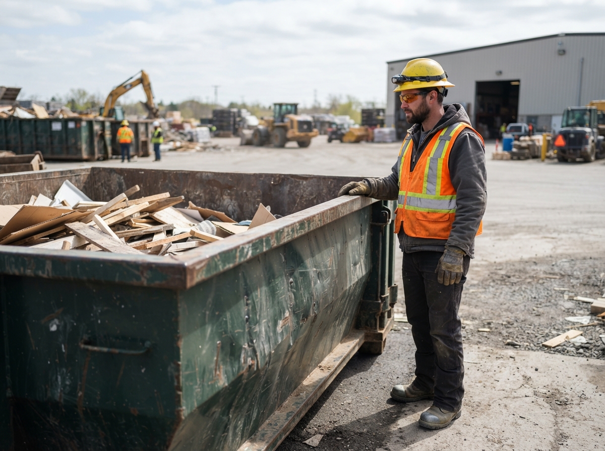 A worker standing beside a roll-off container rim for scale, hard hat and vest, mid-morning light