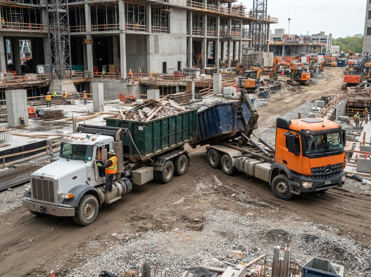 Two waste hauling trucks at the same construction site on the same day