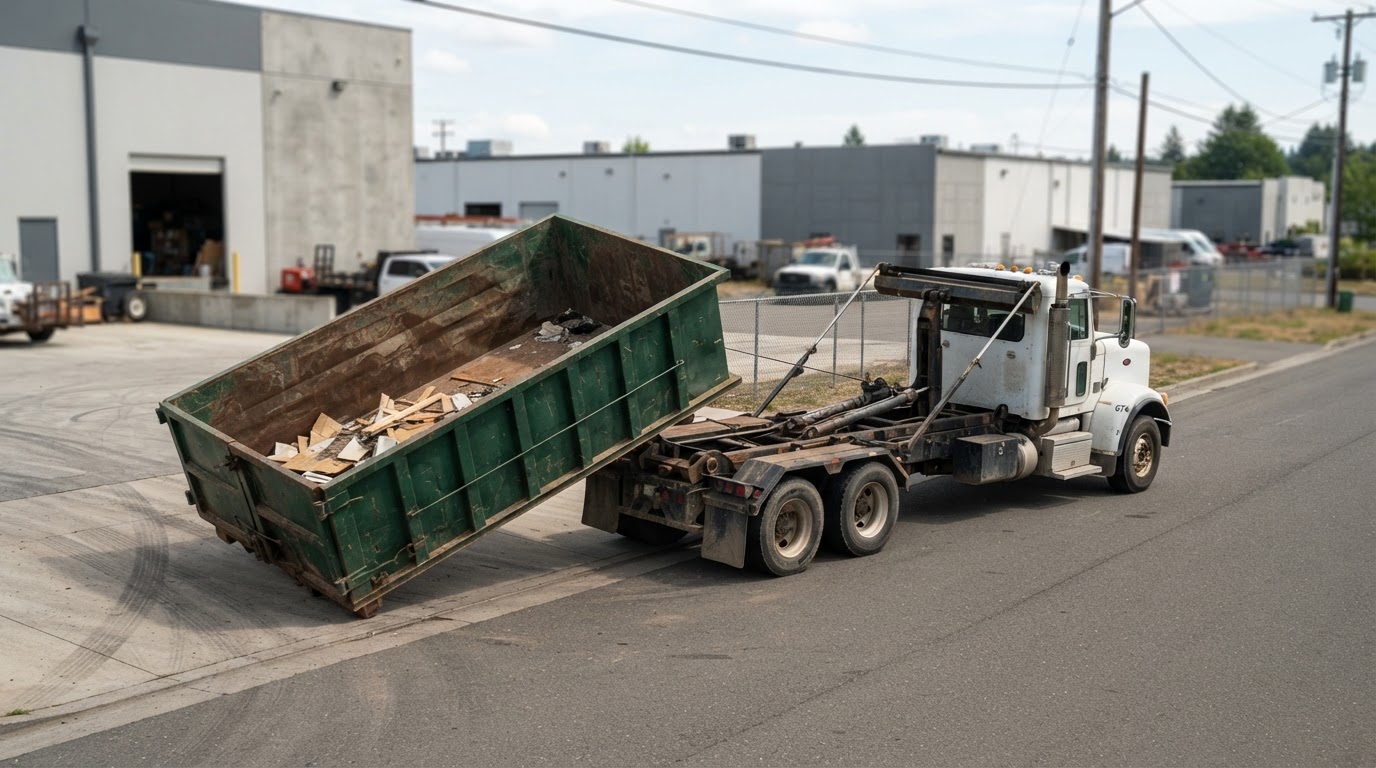 A roll-off container being pulled by a hook truck while visibly half empty, leaving a commercial pad