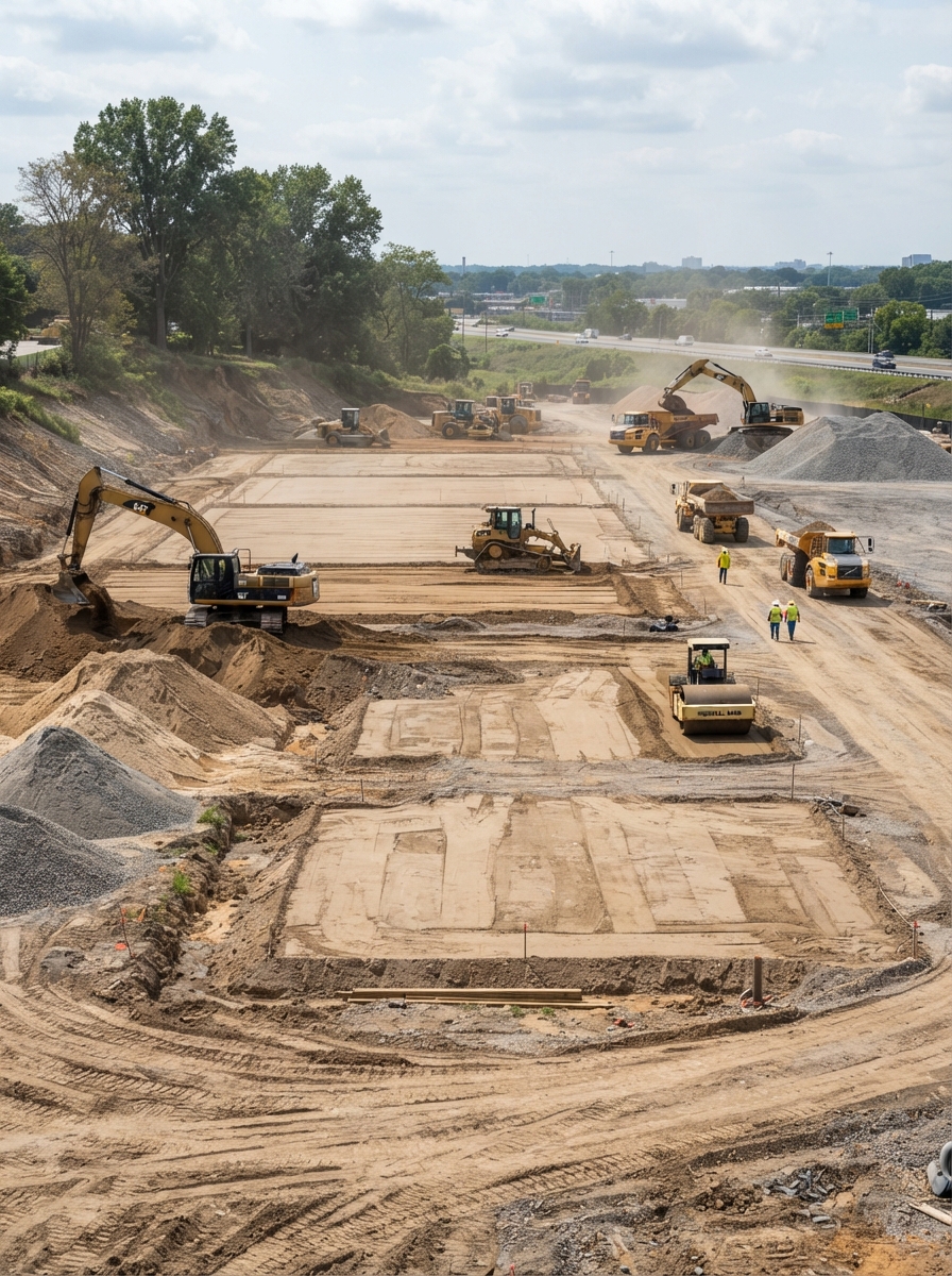 A site-work phase with graded pads and stockpiles