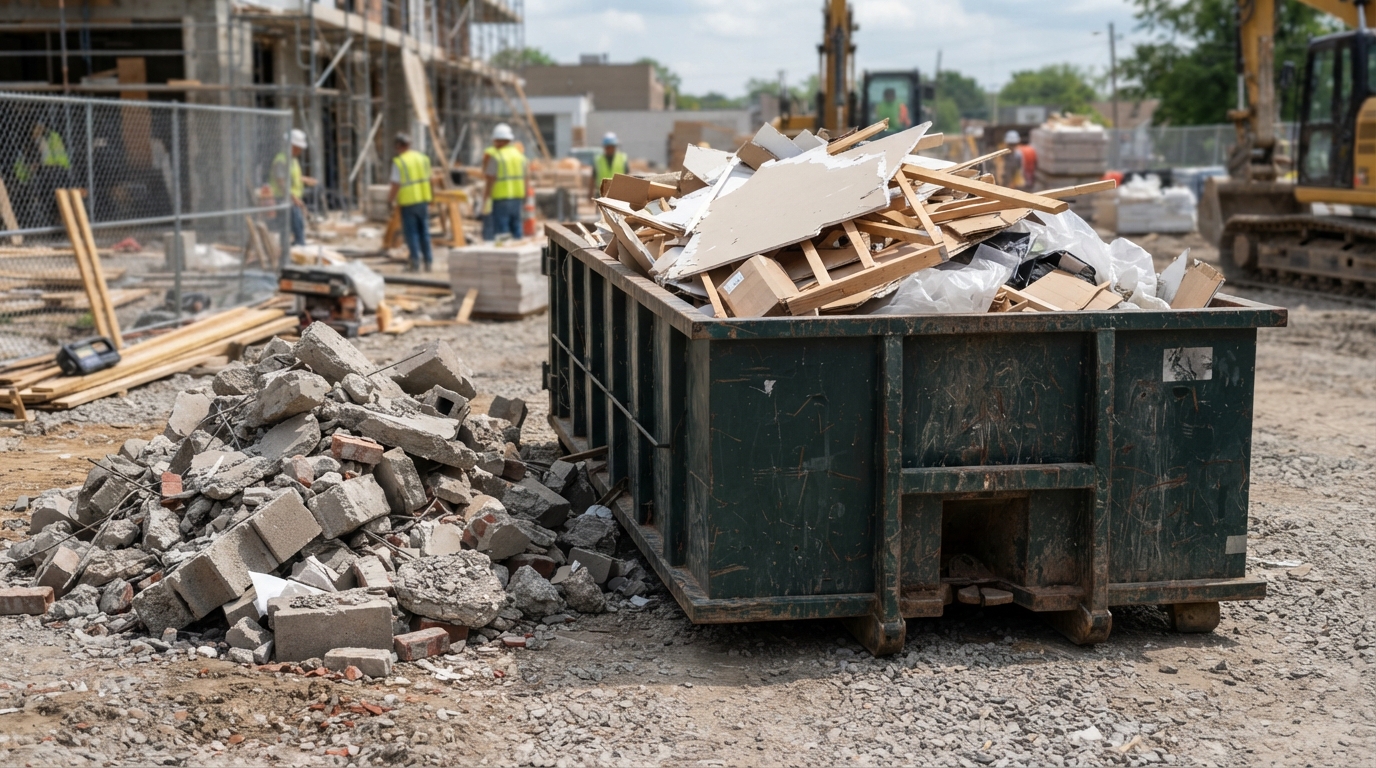 Concrete rubble staged separately from a mixed strip-out container on a demolition site