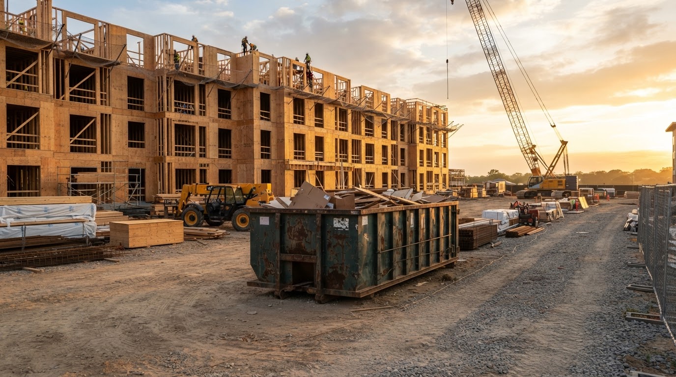 Roll-off container placed clear of crane and delivery paths on a construction laydown yard