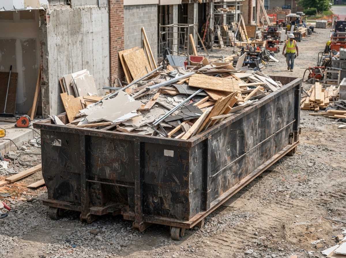 A 30-yard roll-off container with mixed demolition debris