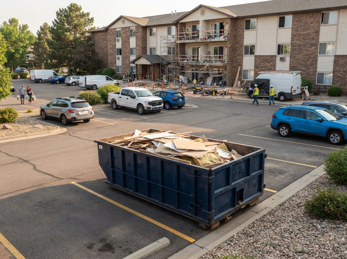 A multifamily property renovation with a container in an active parking area kept clean and contained