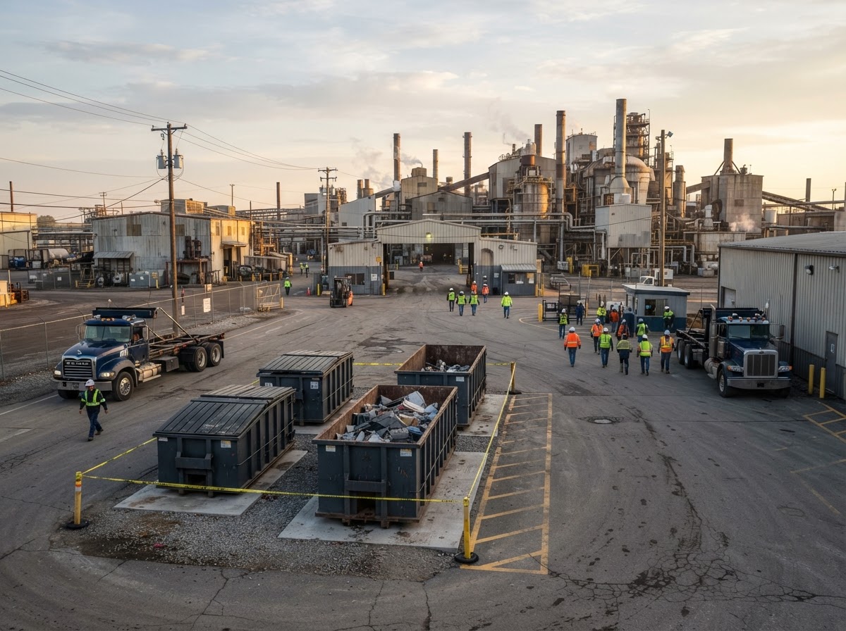 Plant yard at shift change with roll-off containers staged clear of traffic lanes