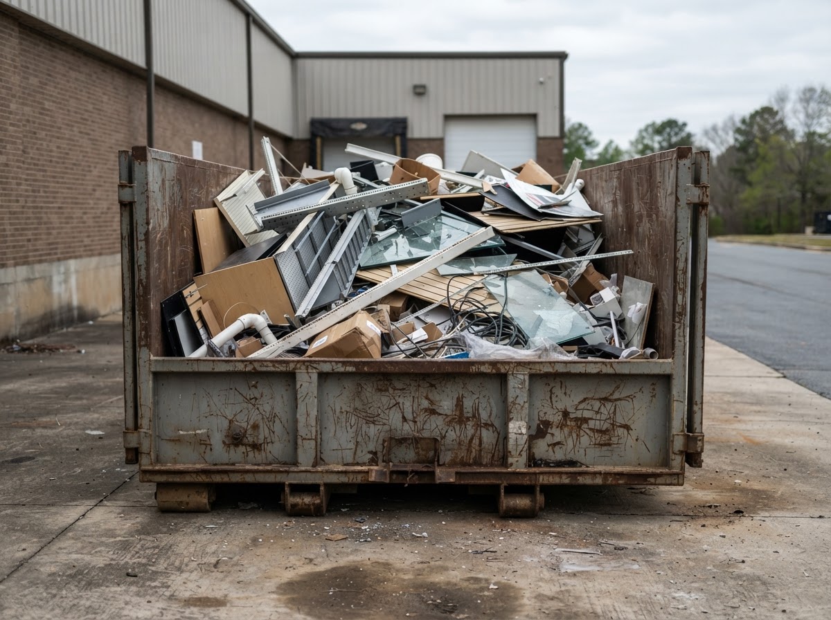 A 30-yard roll-off dumpster container half-loaded with store fixtures and shelving