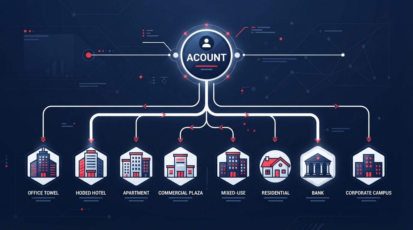 Abstract on-brand labeled graphic showing one account spanning several properties
