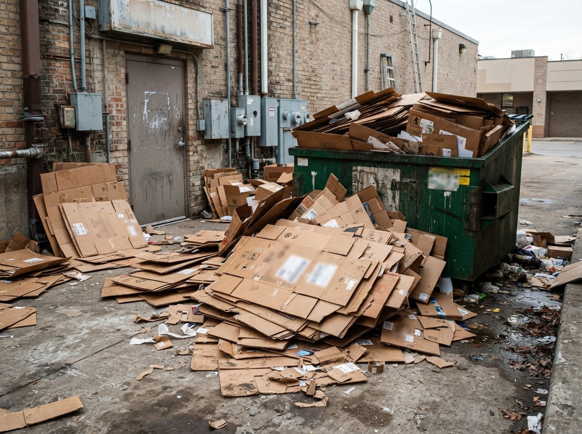Flattened and loose corrugated cardboard behind a retail storefront at close of business
