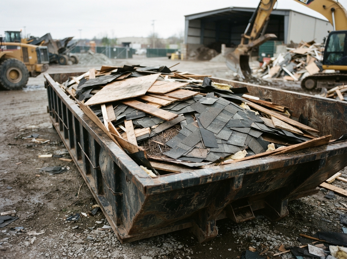 A 30-yard roll-off container mixing shingles with decking and roofing material debris