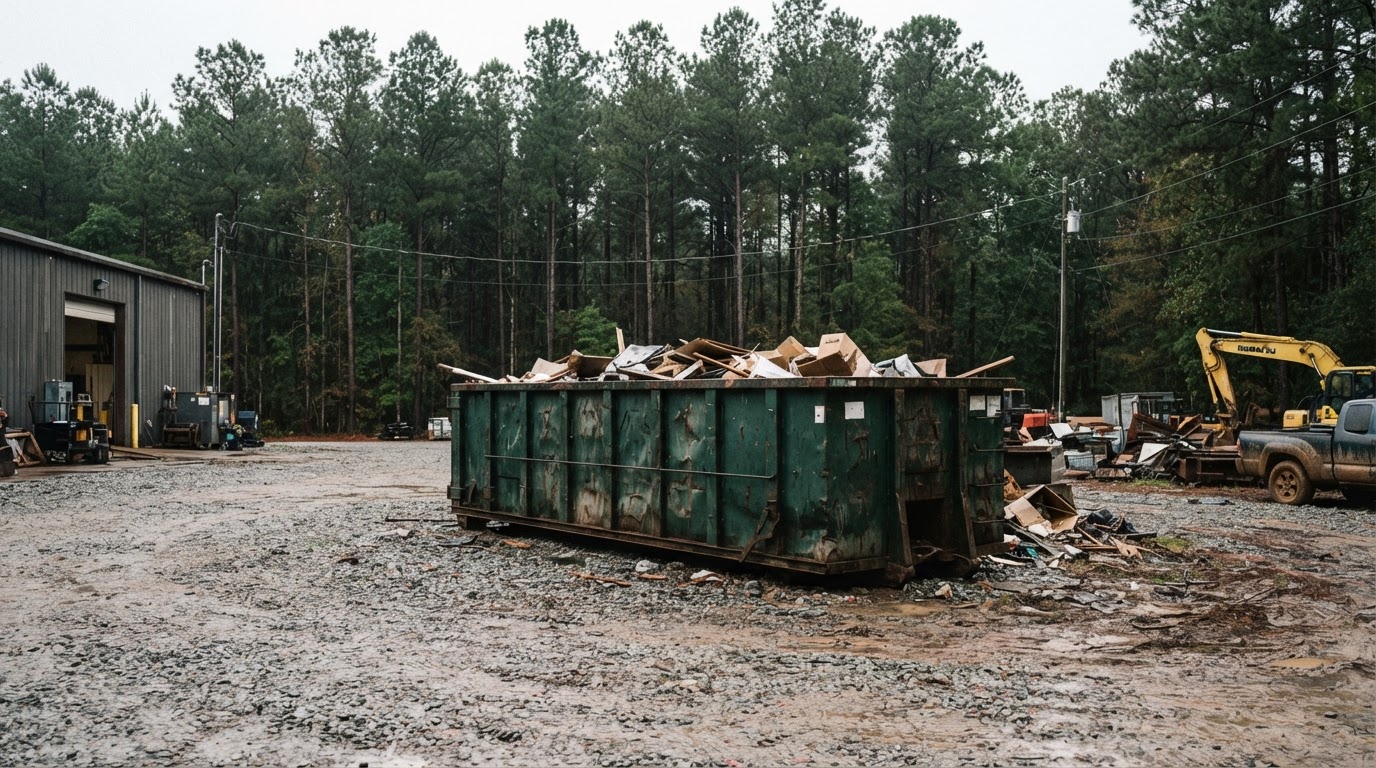 A roll-off container at a rural Georgia commercial site with pines in the background