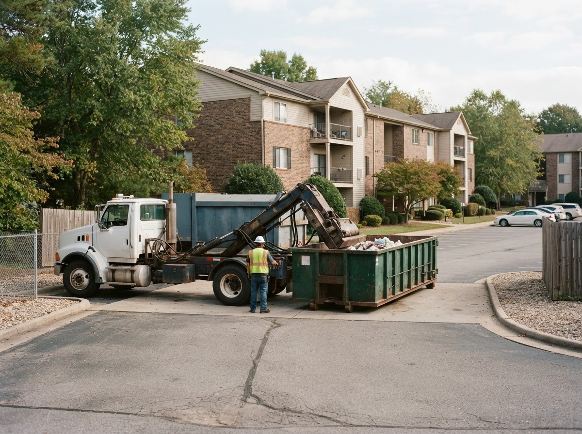 A compaction truck visiting a multifamily property container pad during quiet mid-morning hours