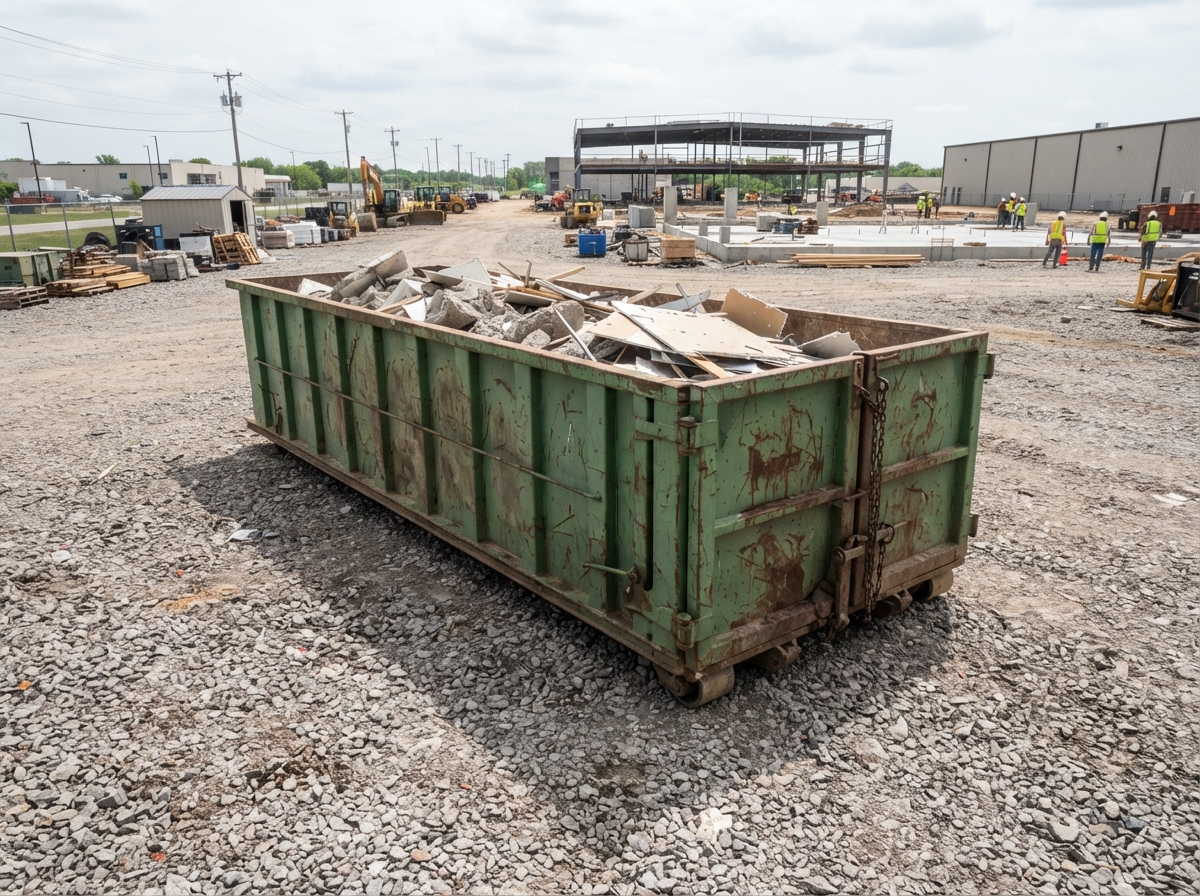 40-yard roll-off container on a wide gravel industrial pad