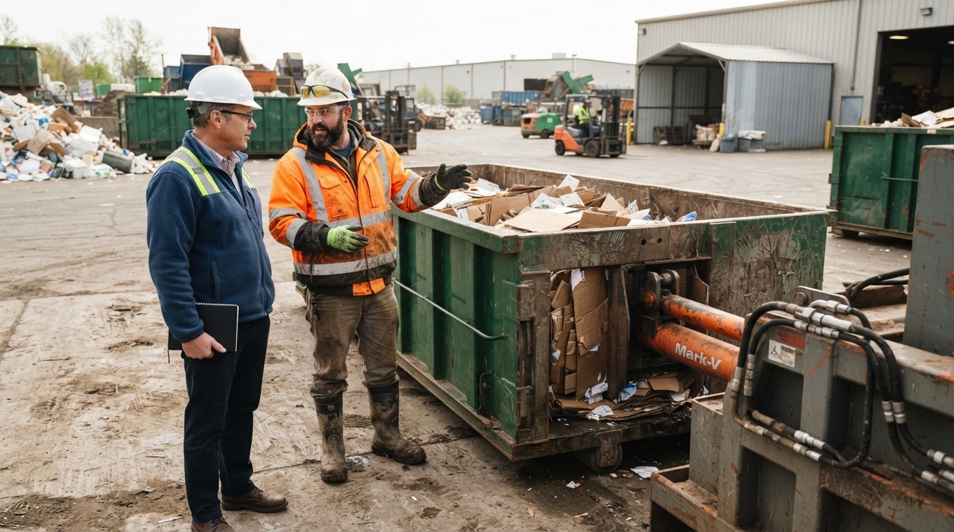 A compaction operator and a facility manager watching a measured demo on a roll-off container